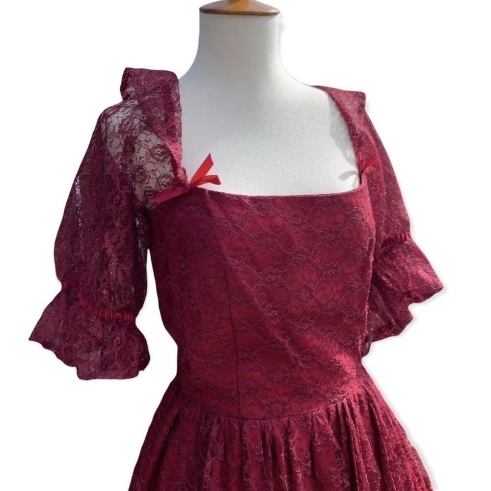 Vintage 70s 80s Crimson Lace Full Sweep Victorian Puff Sleeves Petticoat Gown S - Picture 6 of 17